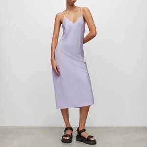 Allsaints silk midi slip dress with matching ribbed cropped sweater in lilac.